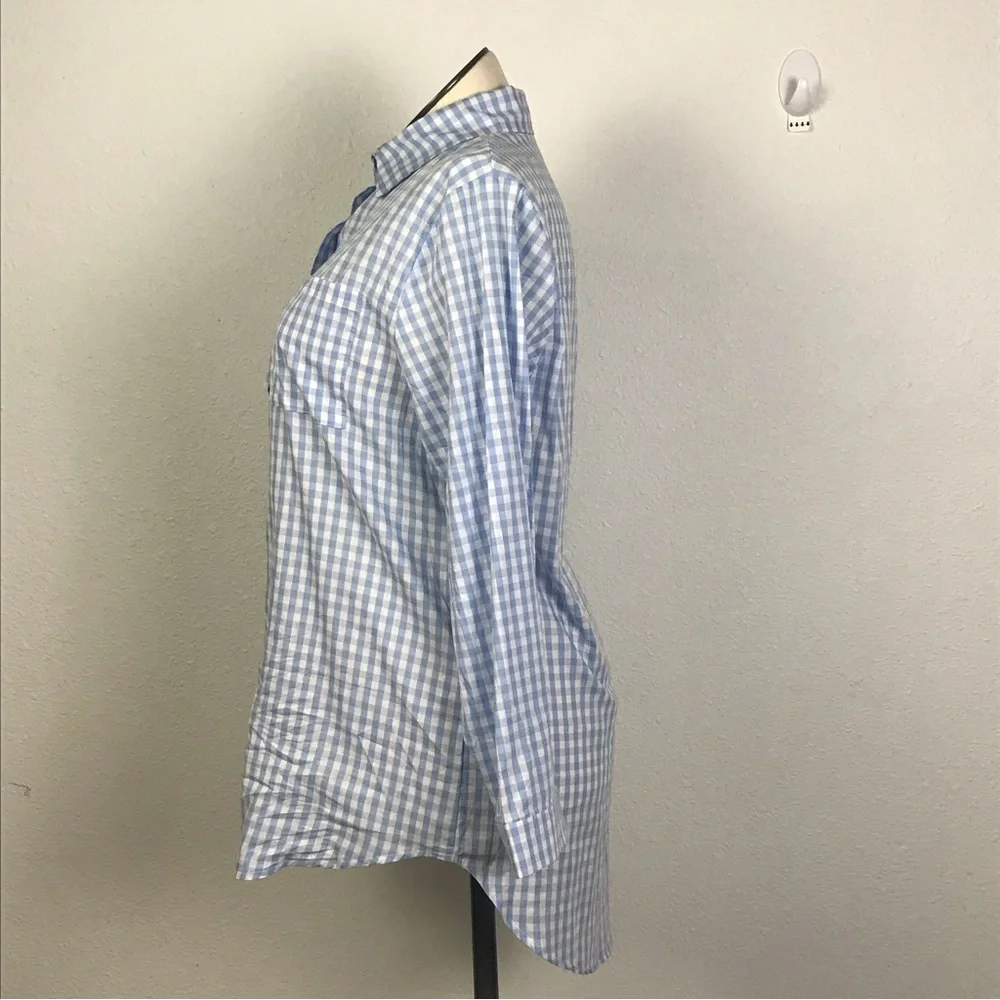 E. Retro Button Down High Low Blouse Women’s Size XXL Blue / White Long Sleeve - Picture 5 of 14